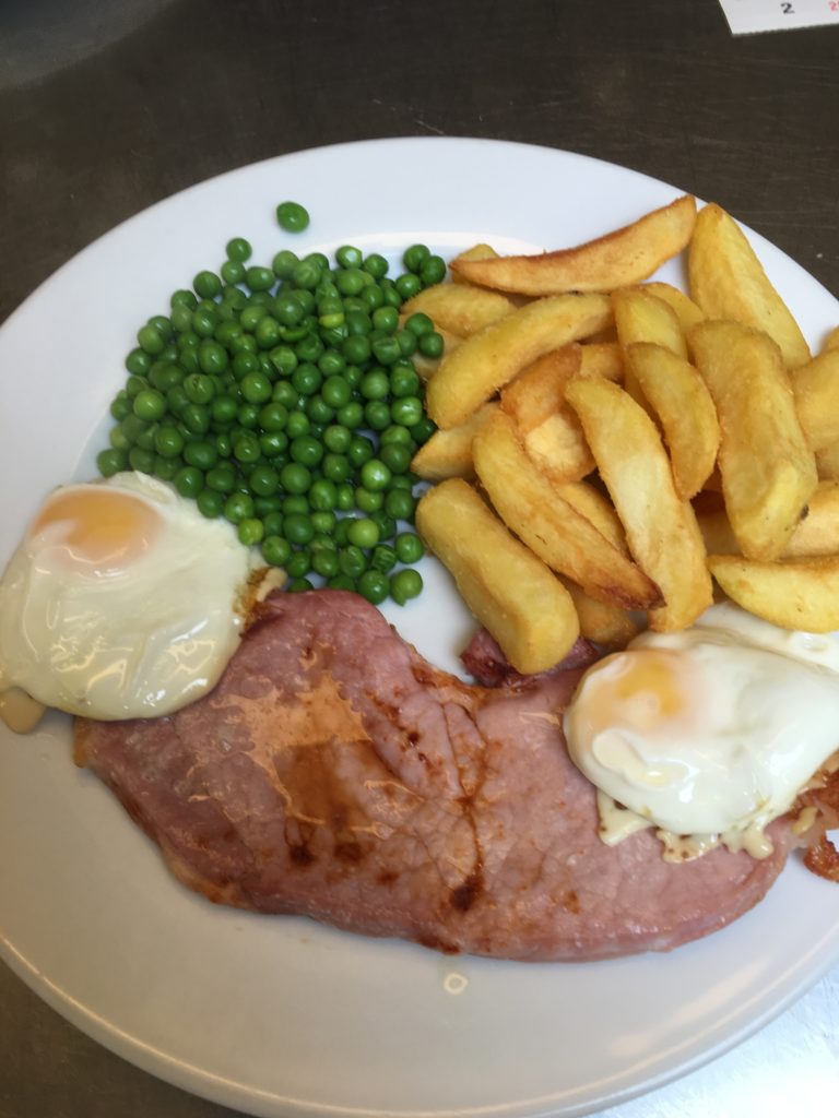 Gammon, eggs, chips and peas